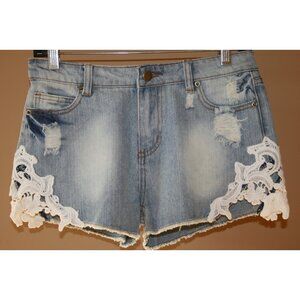 Blu Pepper Distressed Denim & Lace Cutout Fringe Shorts NWOT